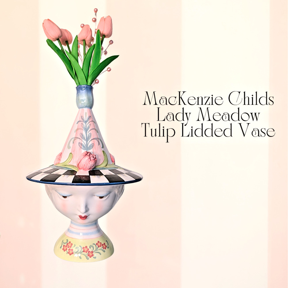MacKenzie Childs Rosy Meadow Lady Tulip Lidded Vase 2 pc Courtly Check HTF